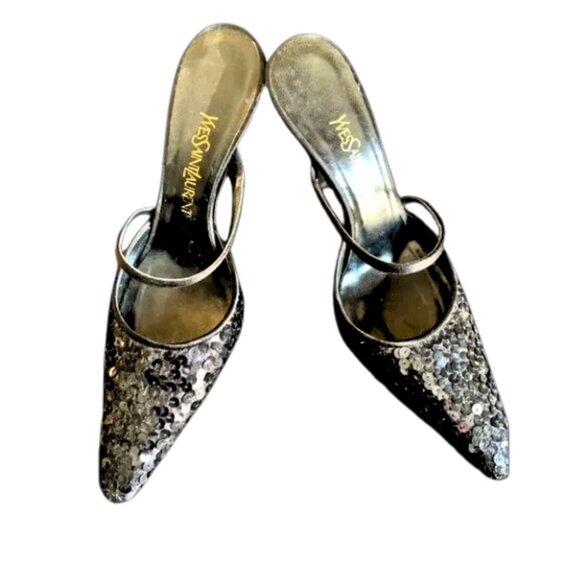 Yves Saint Laurent YSL Vintage Black Sequin Slide Pumps - Picture 4 of 7